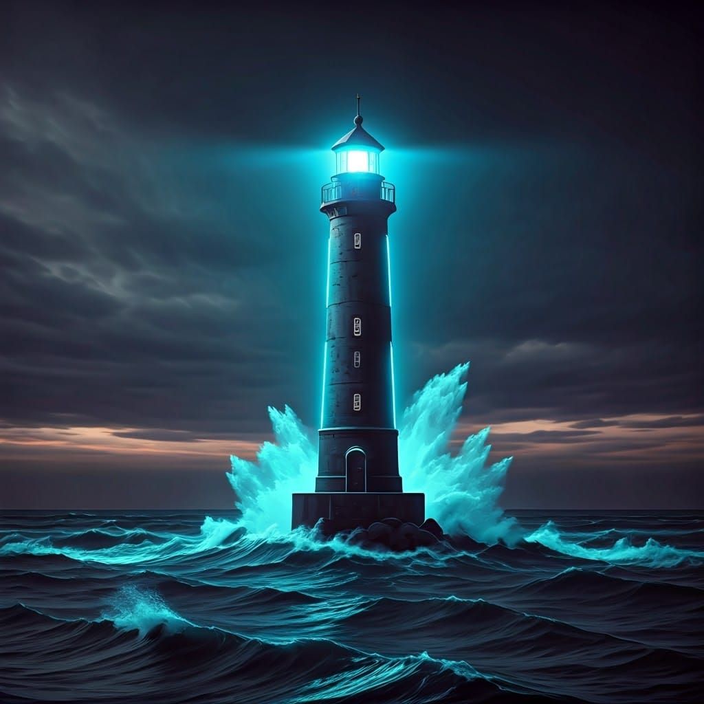 Futuristic Lighthouse Illuminates Stormy Sea in Neon Style