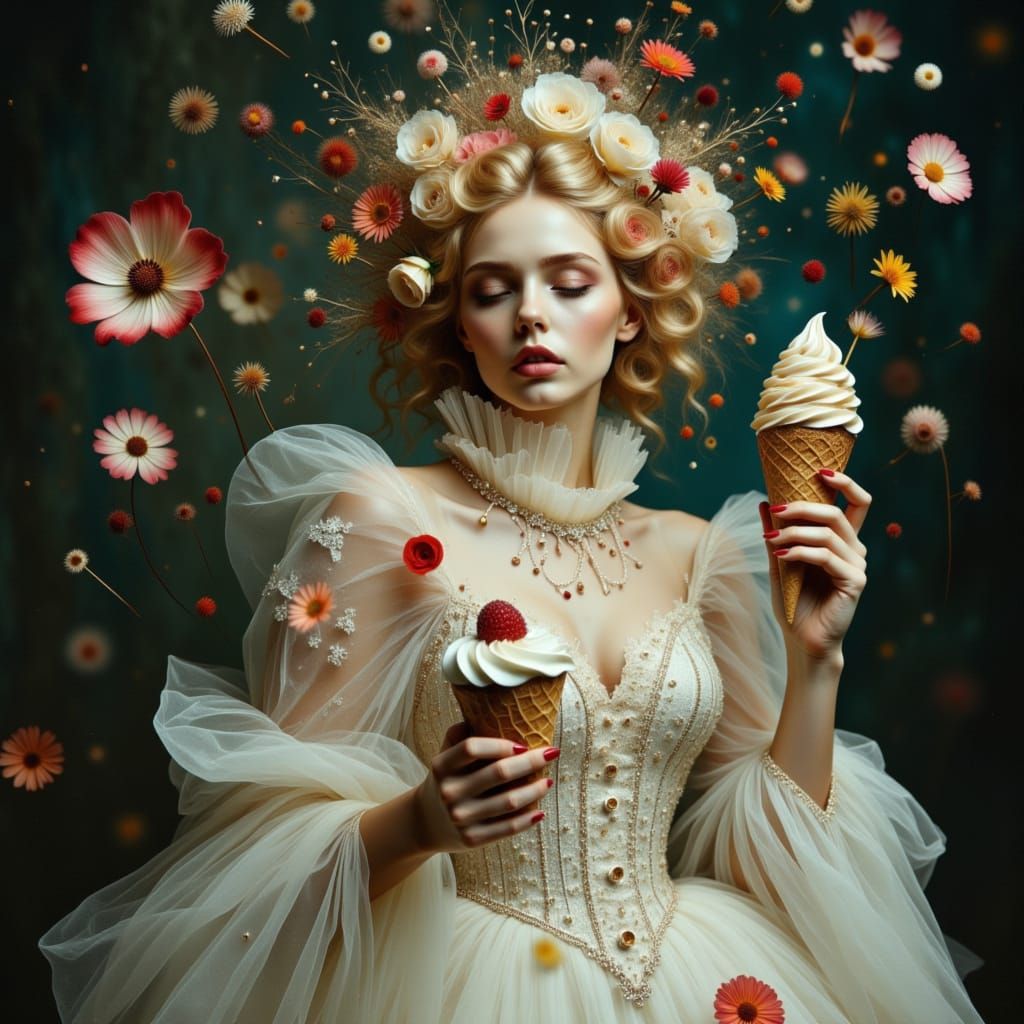 Ethereal Woman in Baroque Gown with Floral Hair