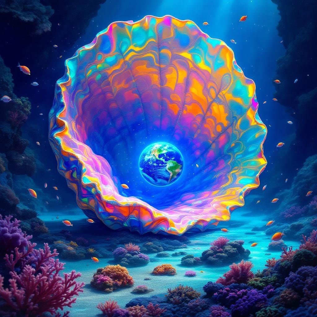Giant Seashell with Tiny Earth Inside, Iridescent Art