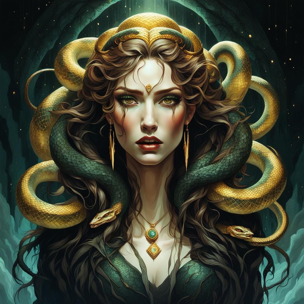 Medusa Portrait with Snakes and Runes, Digital Art