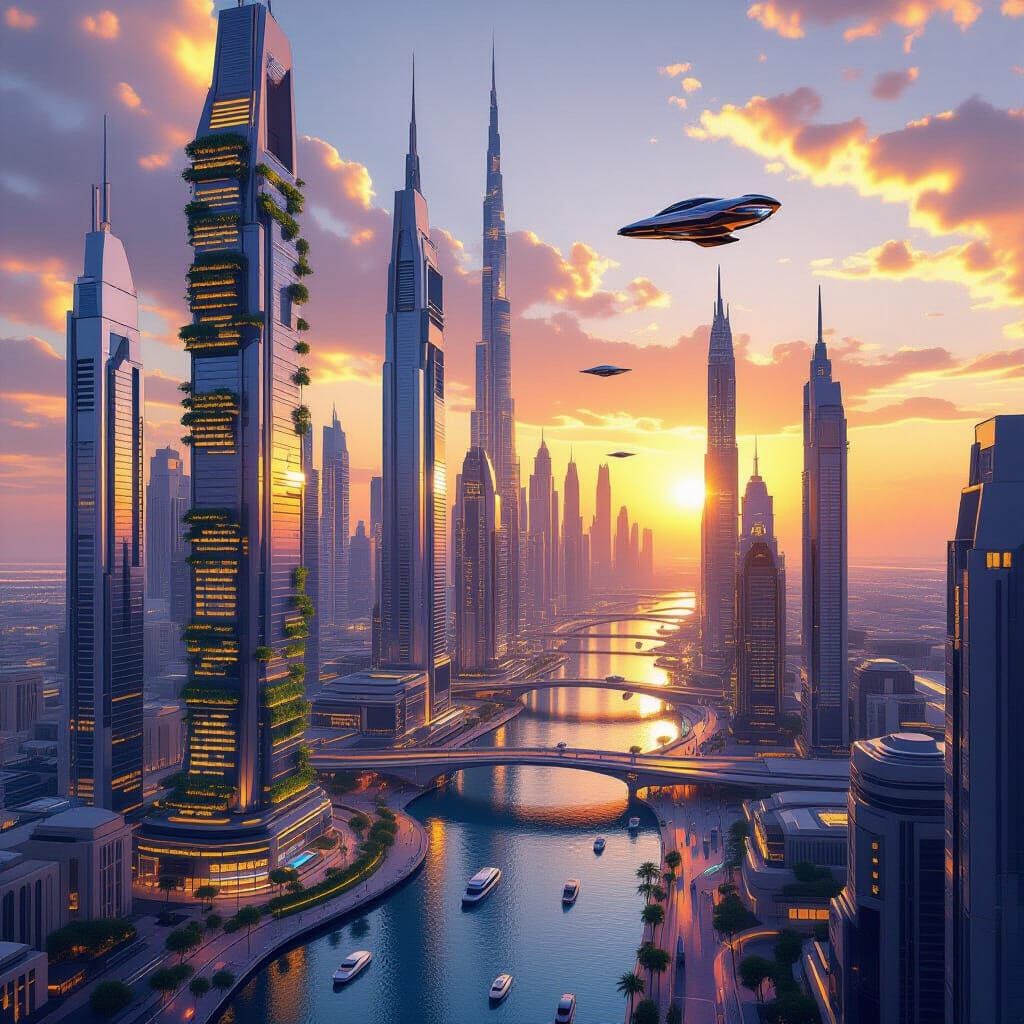 Futuristic UAE Cityscape 2050 at Sunset