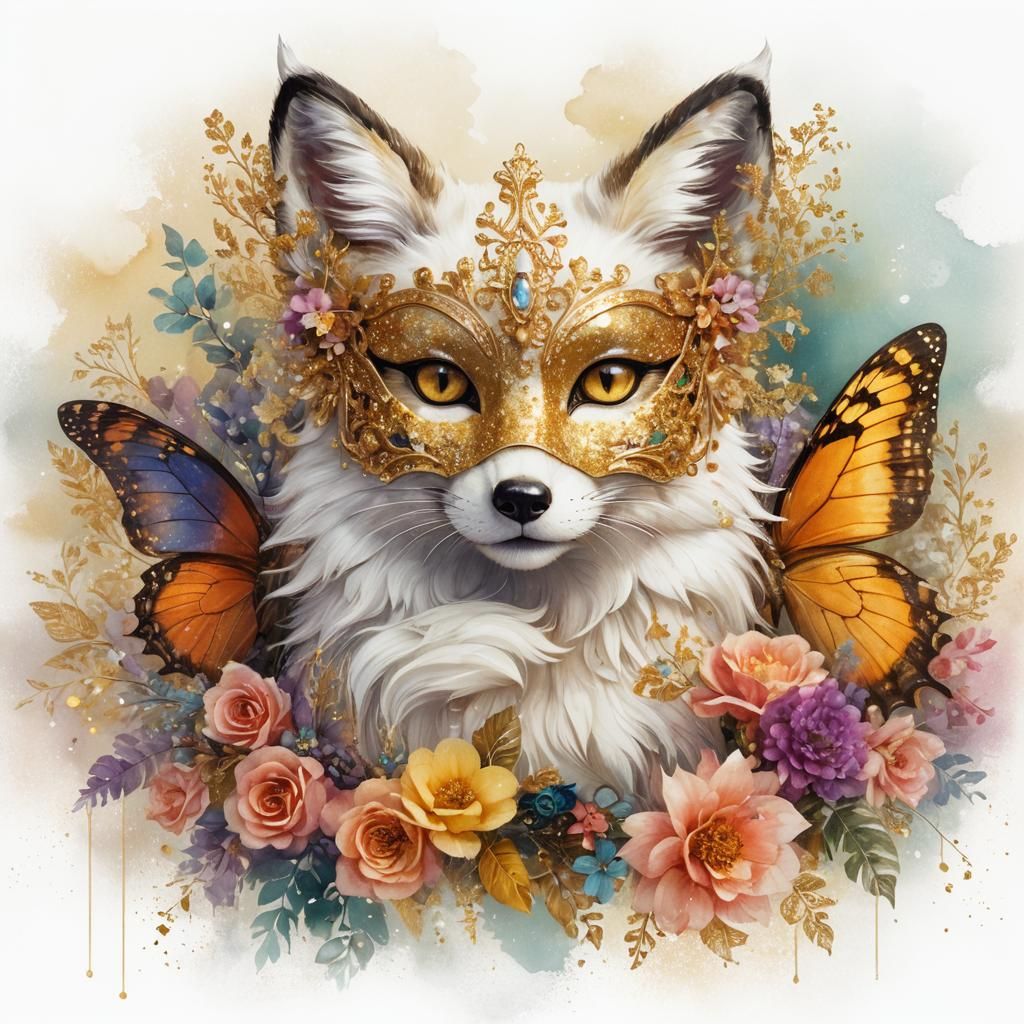 Fox with Gold Mask and Butterfly Wings in Art Deco Style