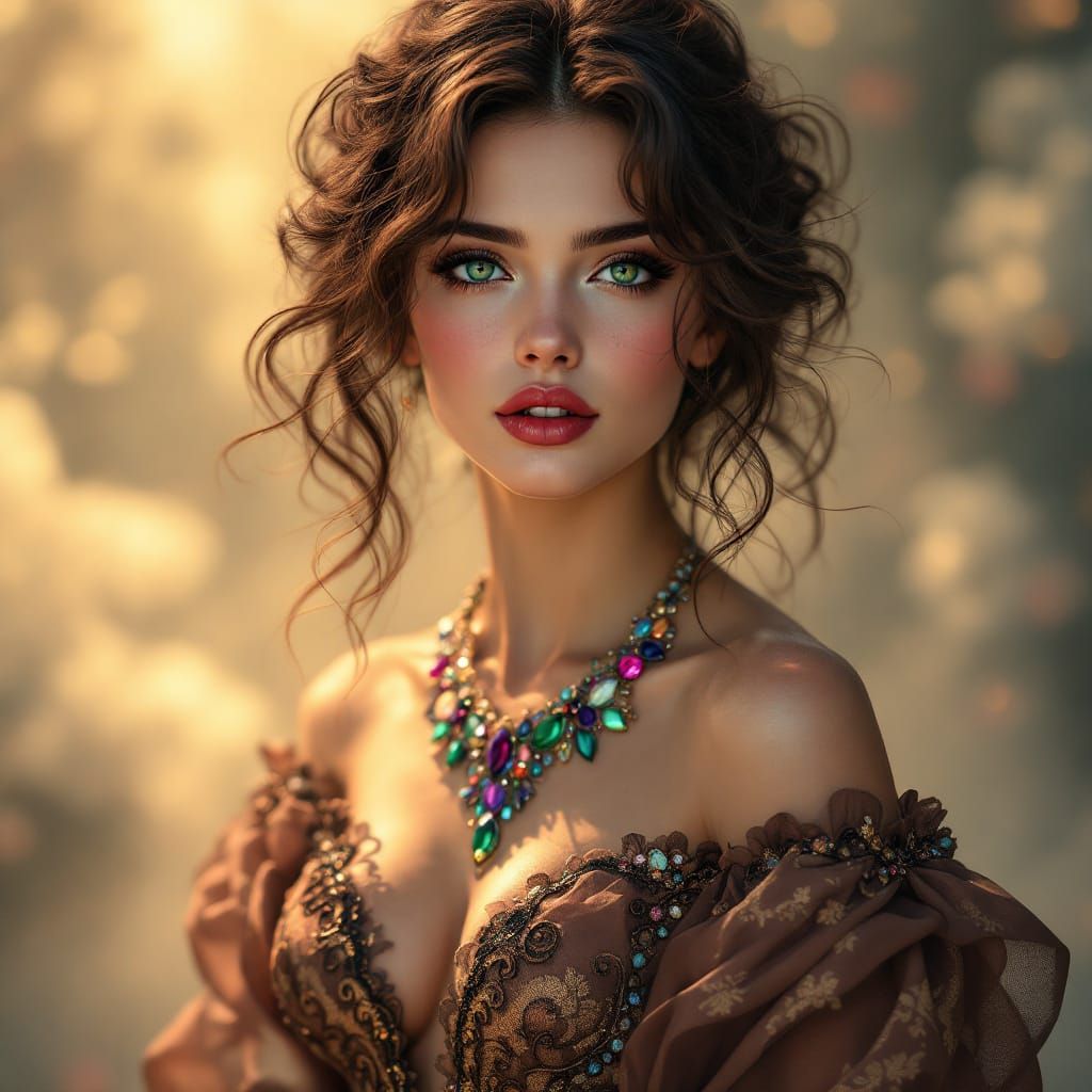 Radiant Woman in Dreamy Landscape: Digital Portrait