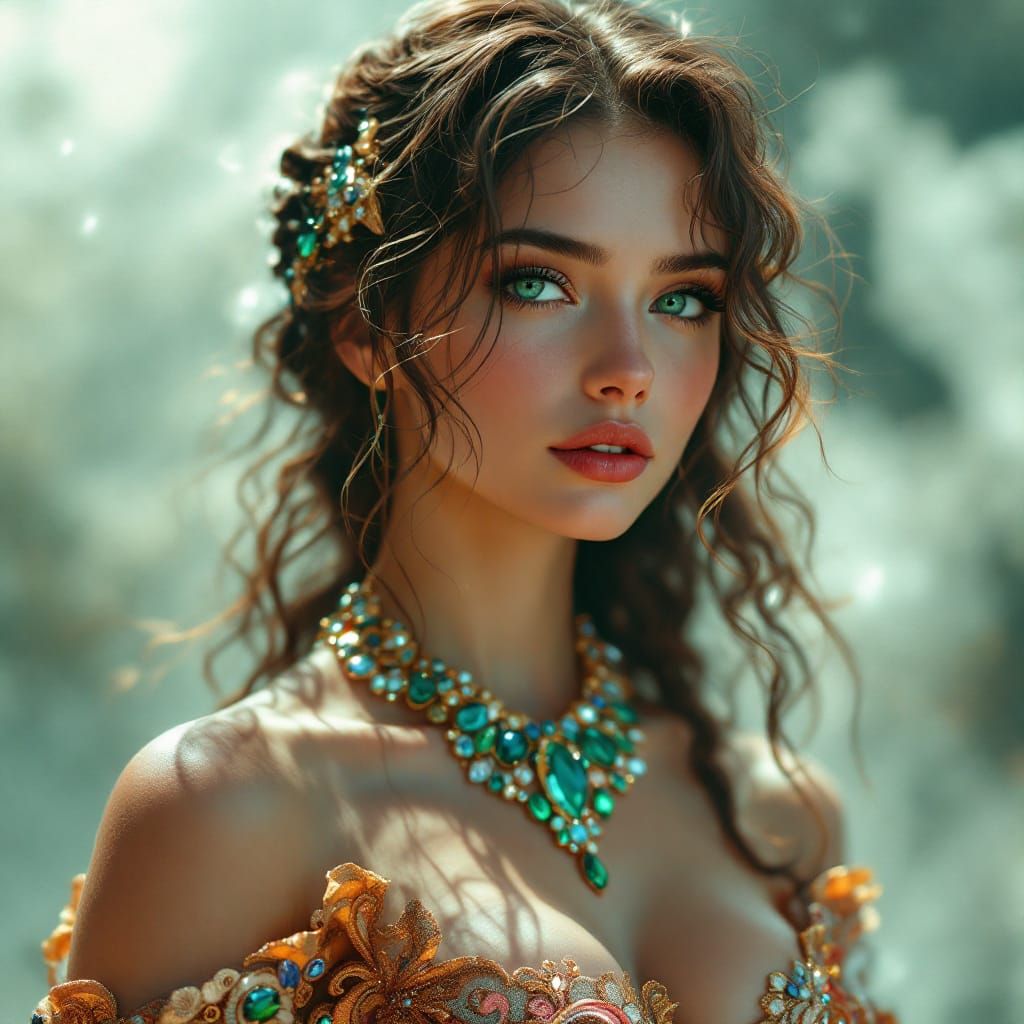 Ethereal Portrait of Woman in Brocade Gown