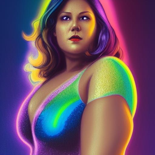 Curvy Woman in Rainbow Shirt: Surreal Digital Portrait