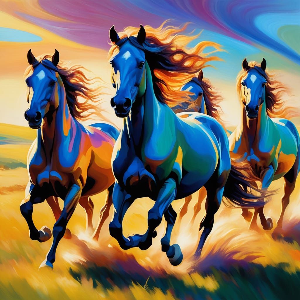 Liquid Horses Gallop in Golden Hour Oil Painting