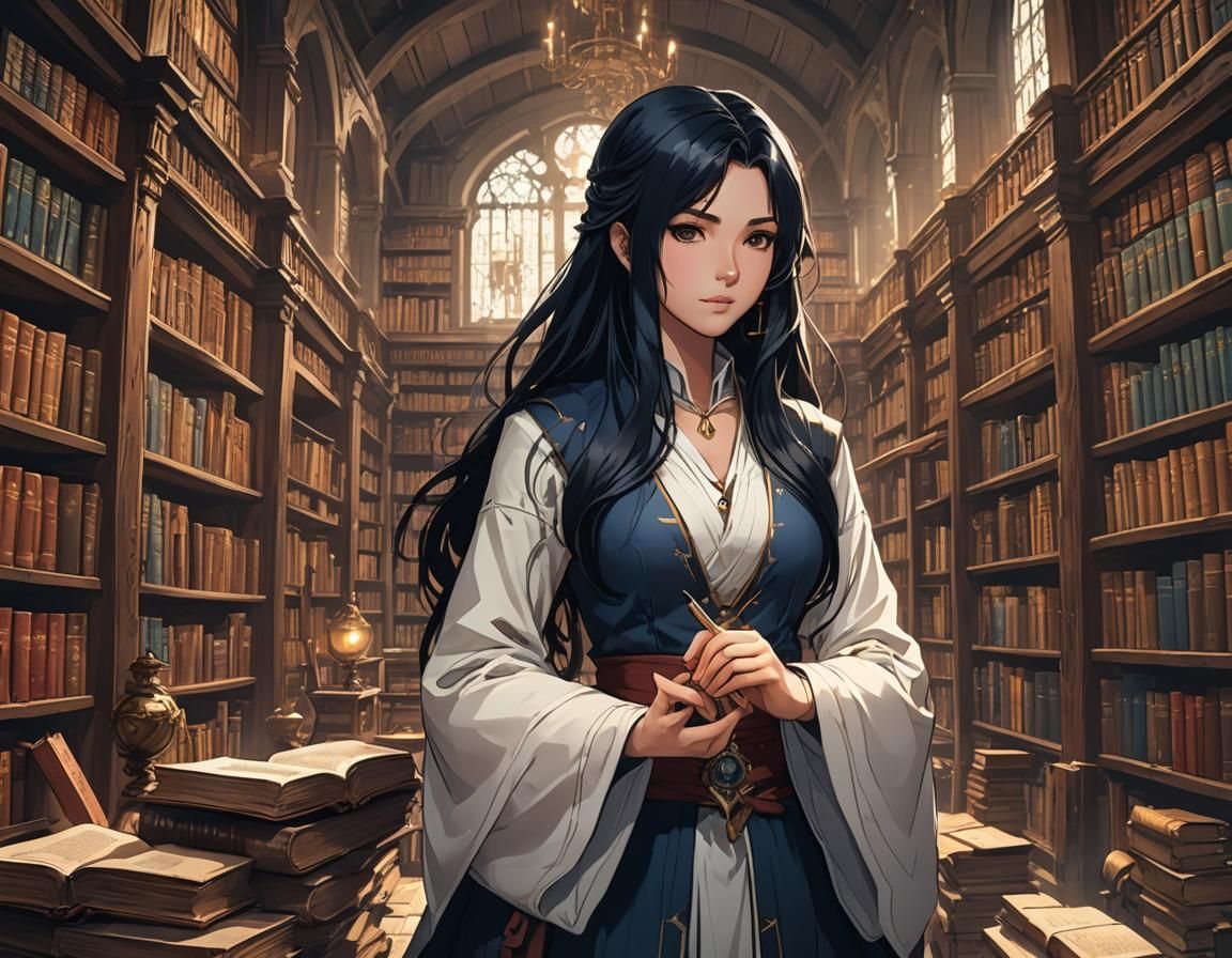 Anime Mage in Ancient Library, Cel-Shaded Style