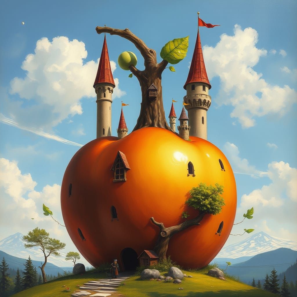 Realistic oil painting. An apple-shaped castle with tree-trunk towers.