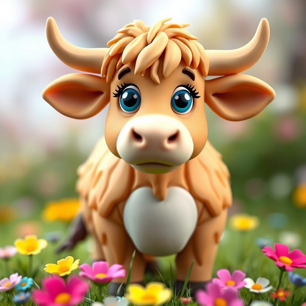 Whimsical Highland Cow in Beige Plasticine Clay
