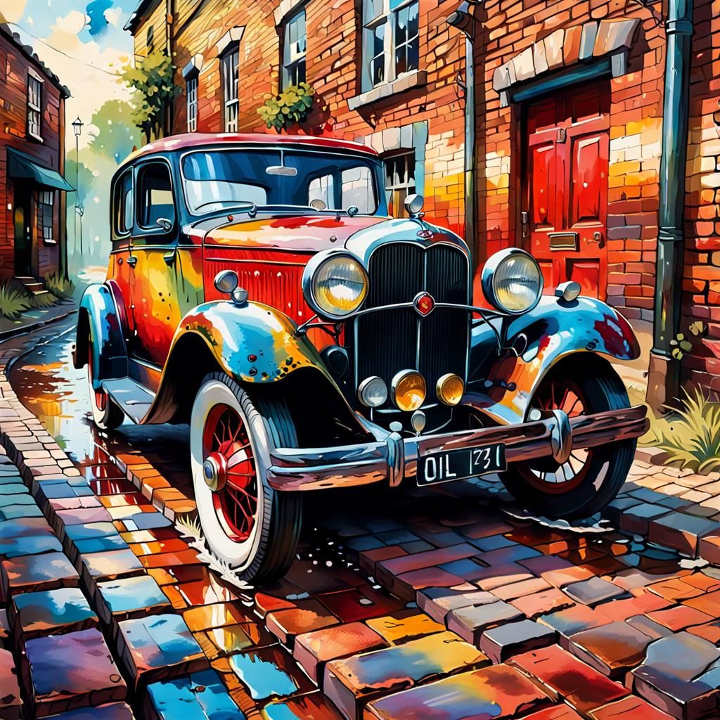 Vintage Car in Country Lane: Hyperrealistic Splash Art