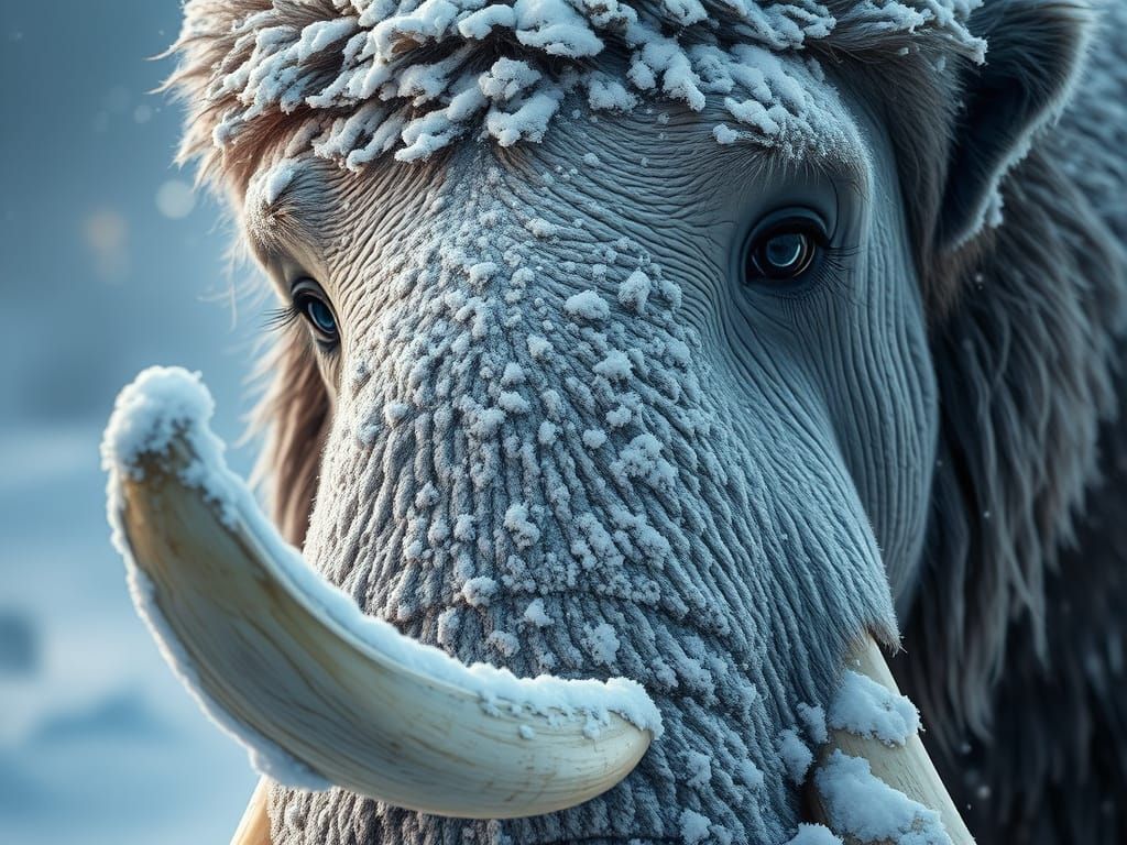 Woolly Mammoth Close-Up in Snow, Digital Painting