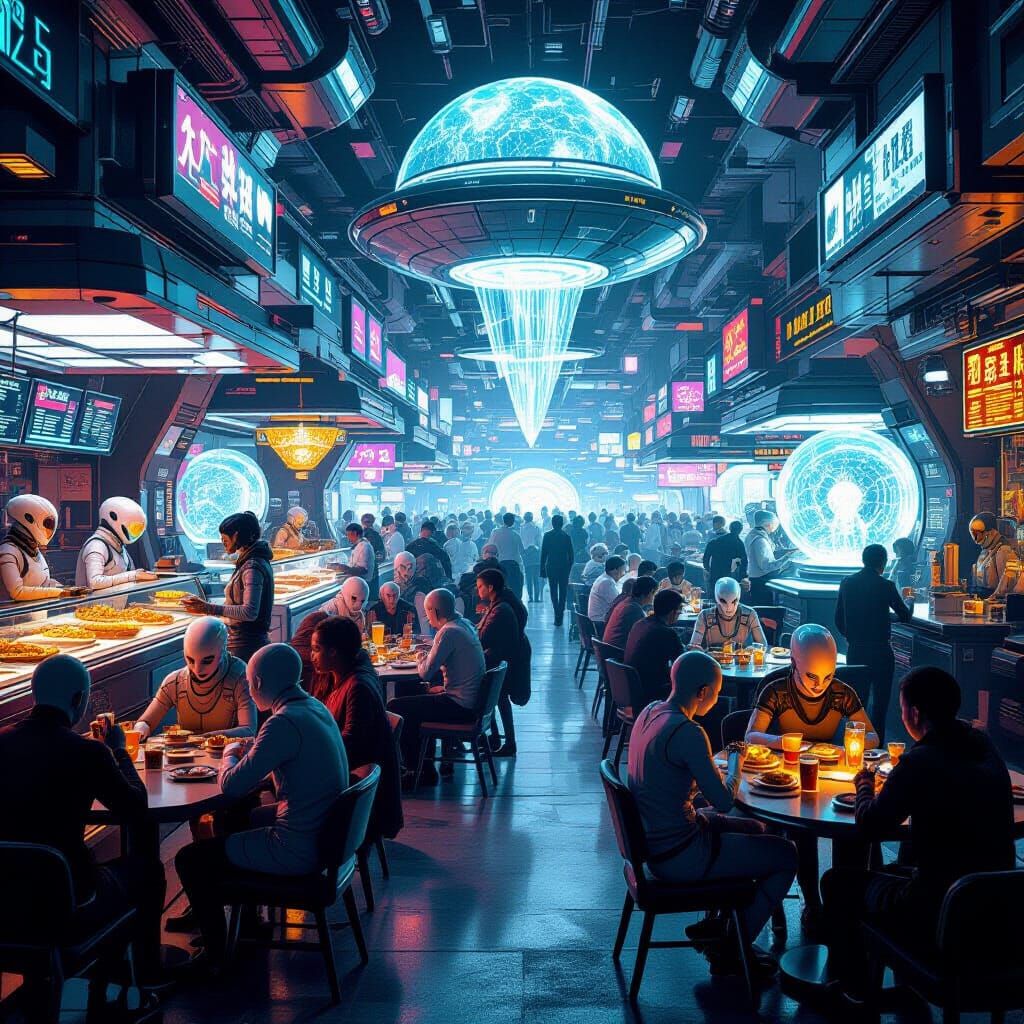 Alien Food Court on Space Station in Sci-Fi Style