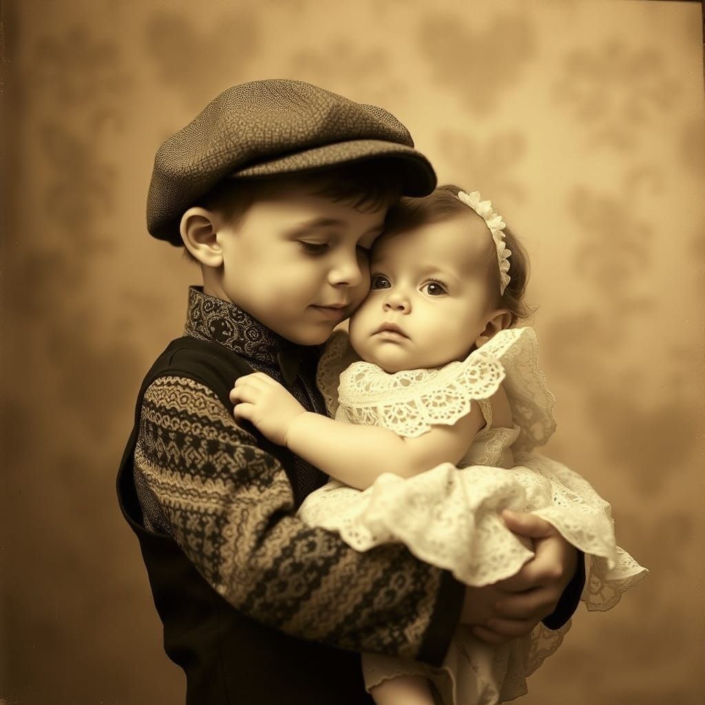 Vintage 1920s Photograph: Tender Moment with Babies