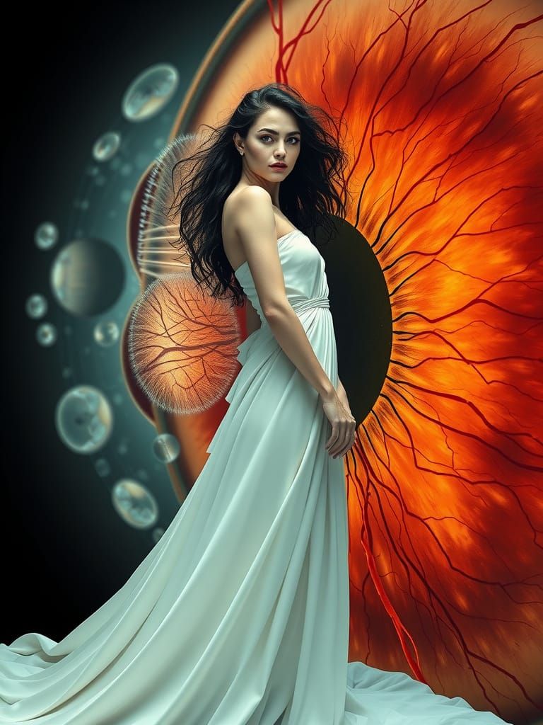 Ethereal Goddess in Ivory Gown with Dreamlike Retina Backdro...