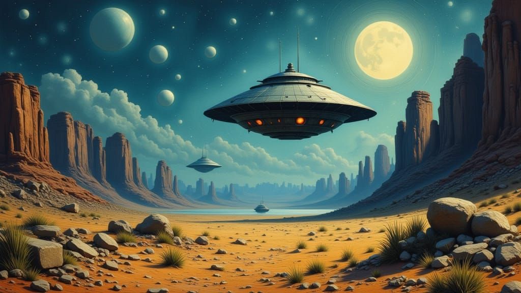 Alien Spaceship Over Desert Landscape in Oil Painting Style