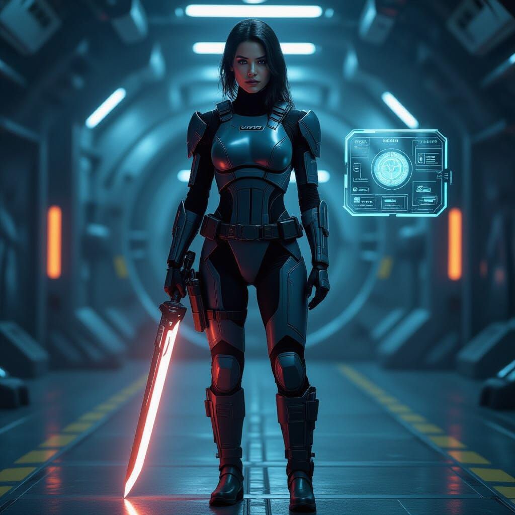Futuristic N7 Operative with Omni-Blade in Starship Hangar