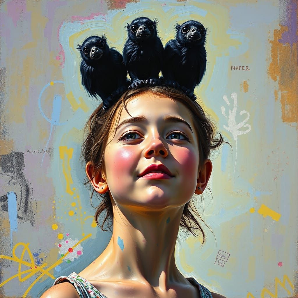 Girl Surrounded by Whimsical Creatures in Vibrant Colors, In...