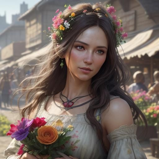 Peasant Girl Portrait with Embroidered Dress, Hyper-Realisti...