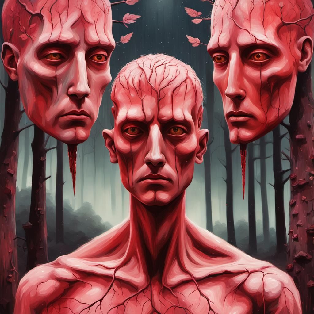 Dual-Faced Figure in Surreal Forest, Matte Painting