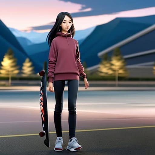 Anime Skater Girl dressed in baggy dark Jeans, baggy T-shirt, around his waist, tennis shoes, hea...