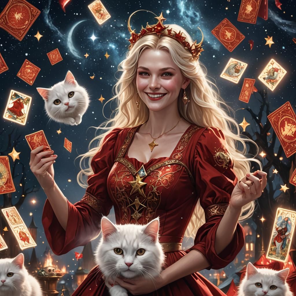 Blond Witch with Kitty in Starry Sky