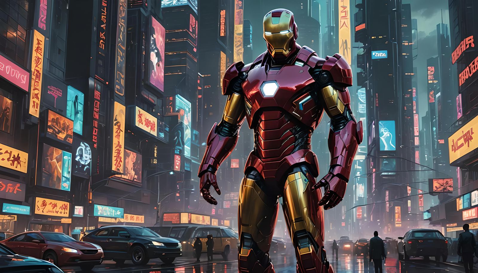 Iron Man in Cyberpunk City with Ultra Details