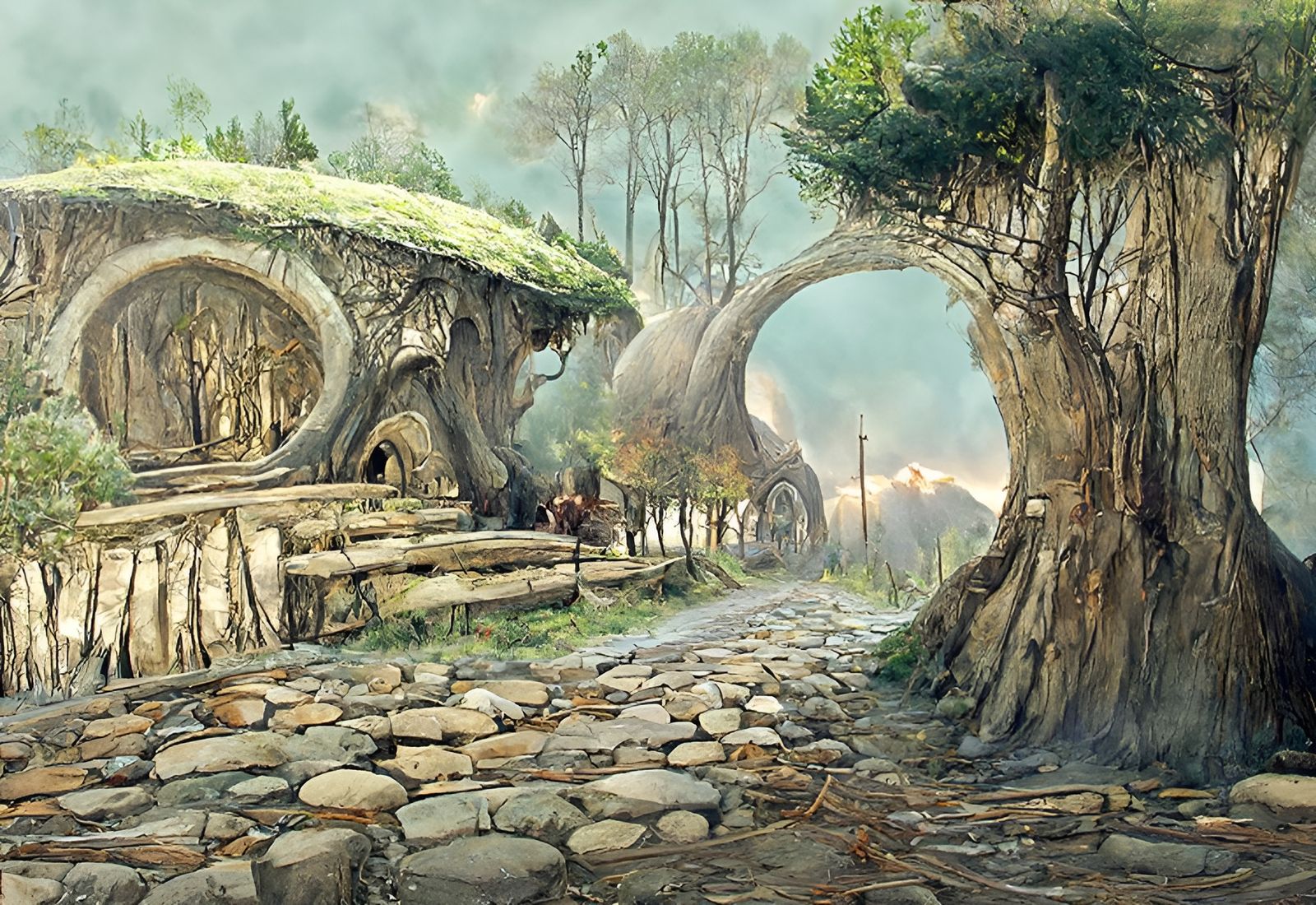 Mystic Trees on Legendary Hobbit Road, Watercolour Illustrat...