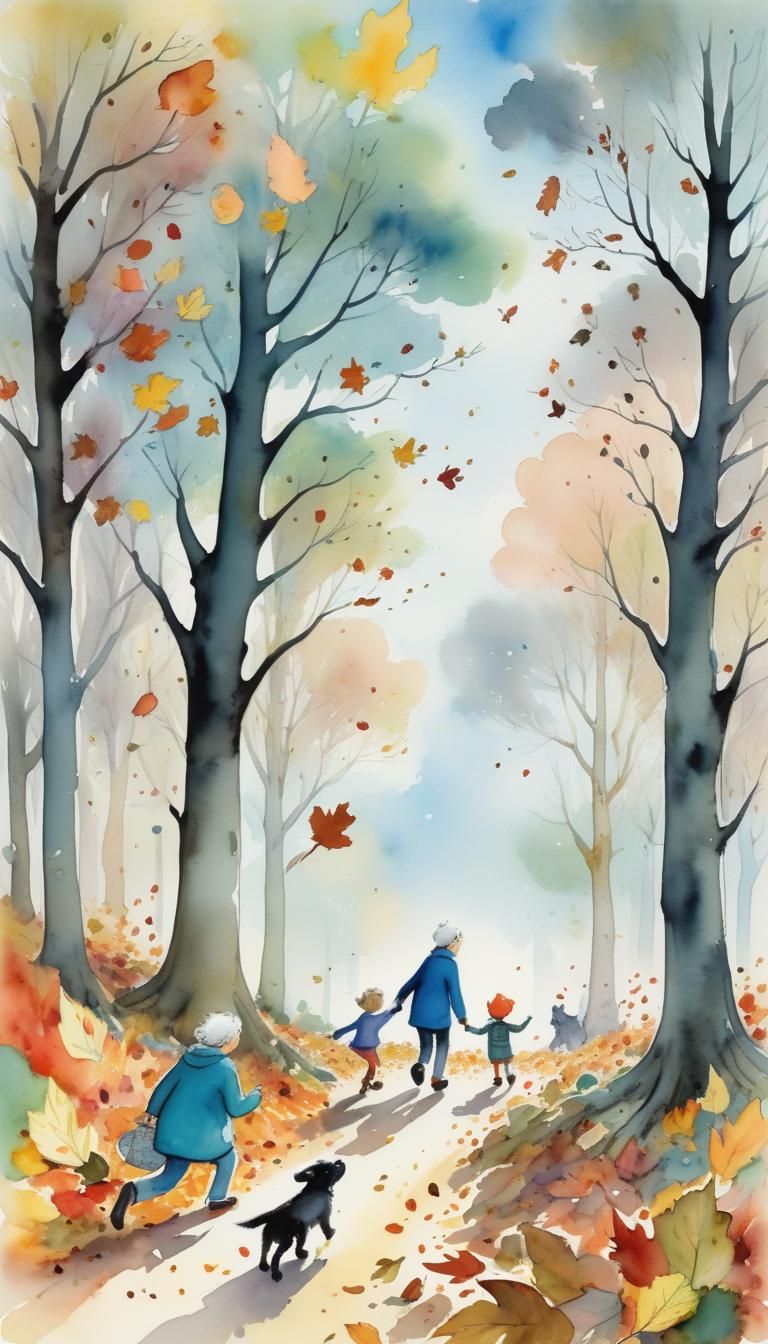 Children play in park filled with tall, slender trees sheddi...