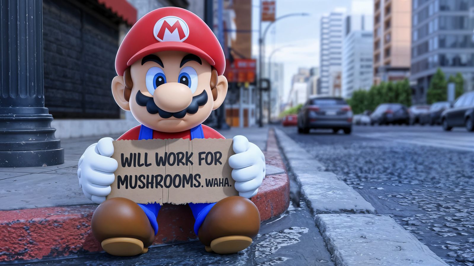 Miserable Mario Sits Alone on a City Street