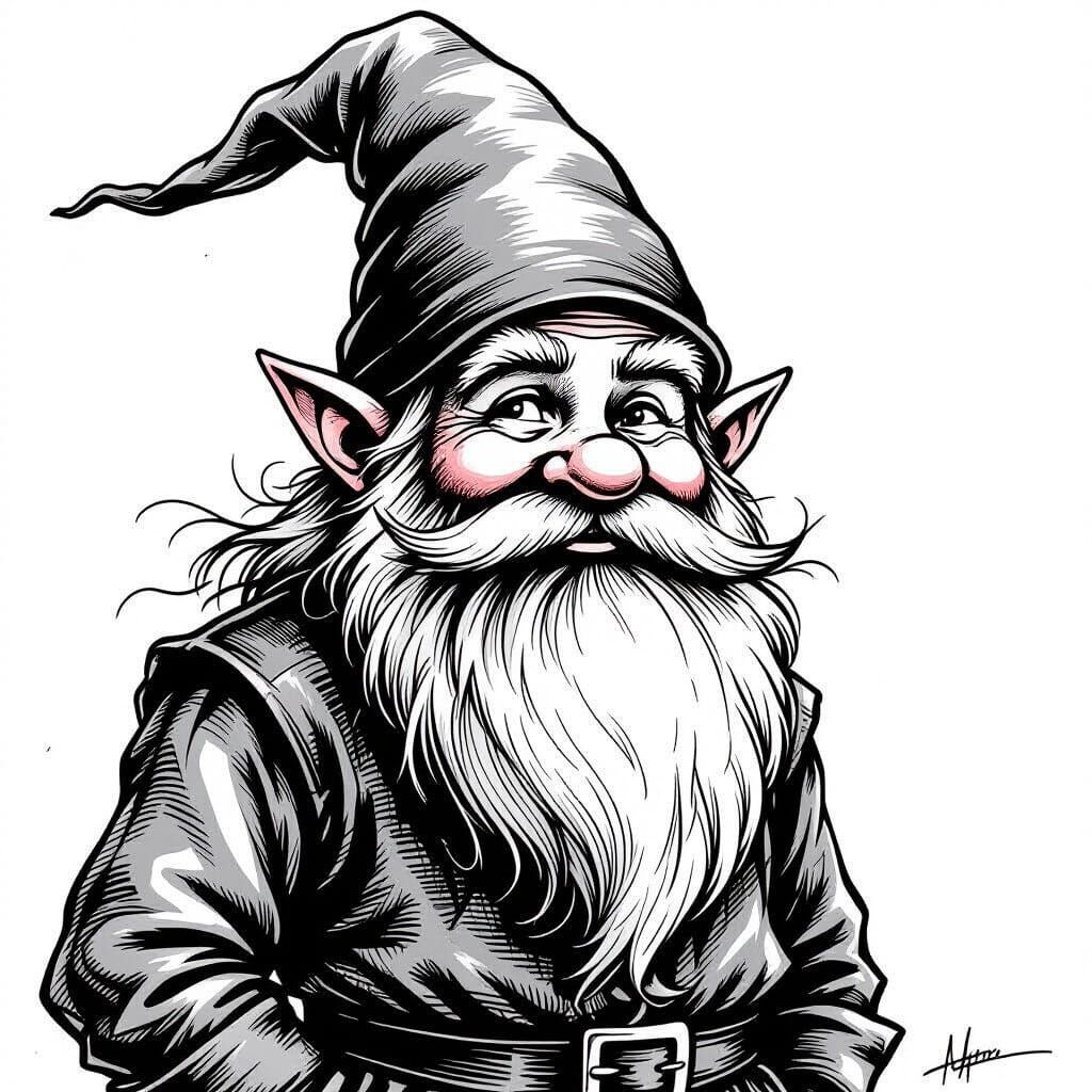 Detailed Ink Drawing of a Gnome with Red Accent