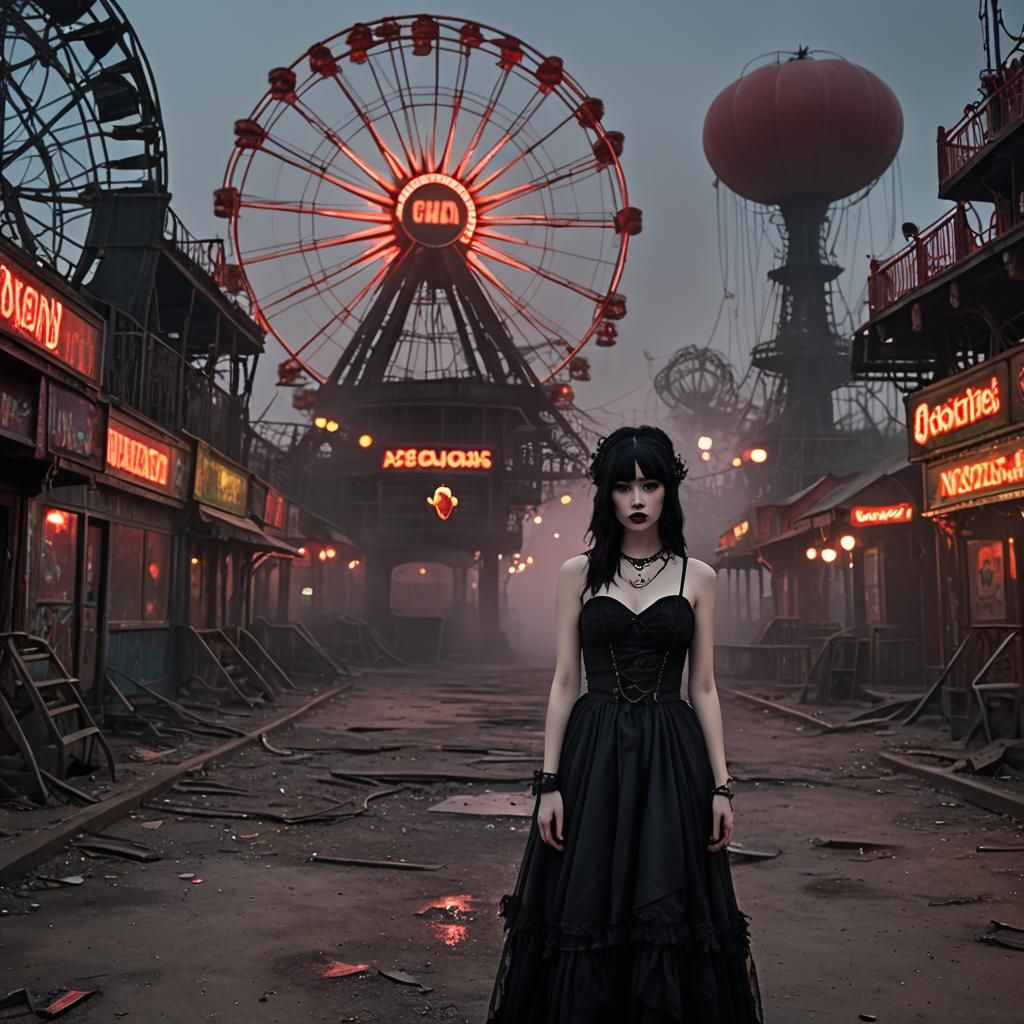 Eerie Woman Enters Abandoned Theme Park at Dusk