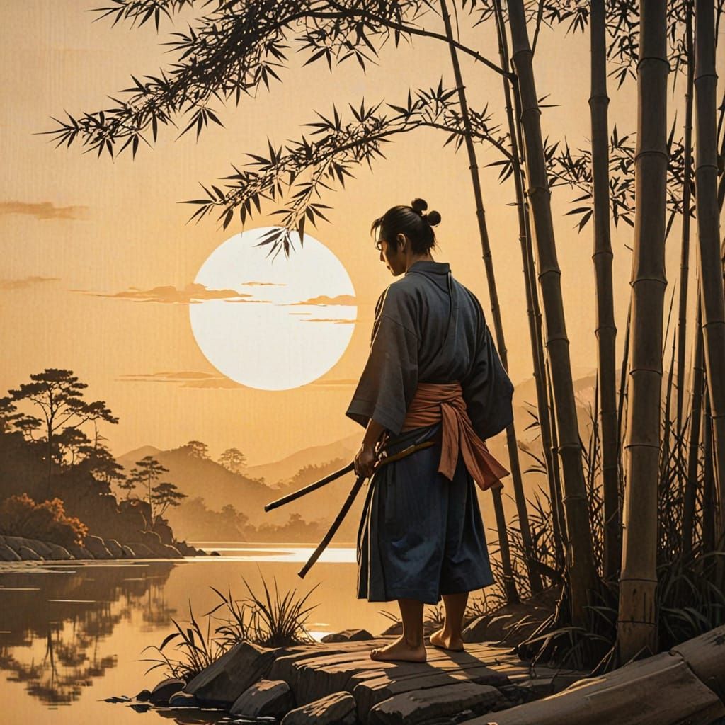Weathered Warrior Returns Home: Ukiyo-e Woodblock Print
