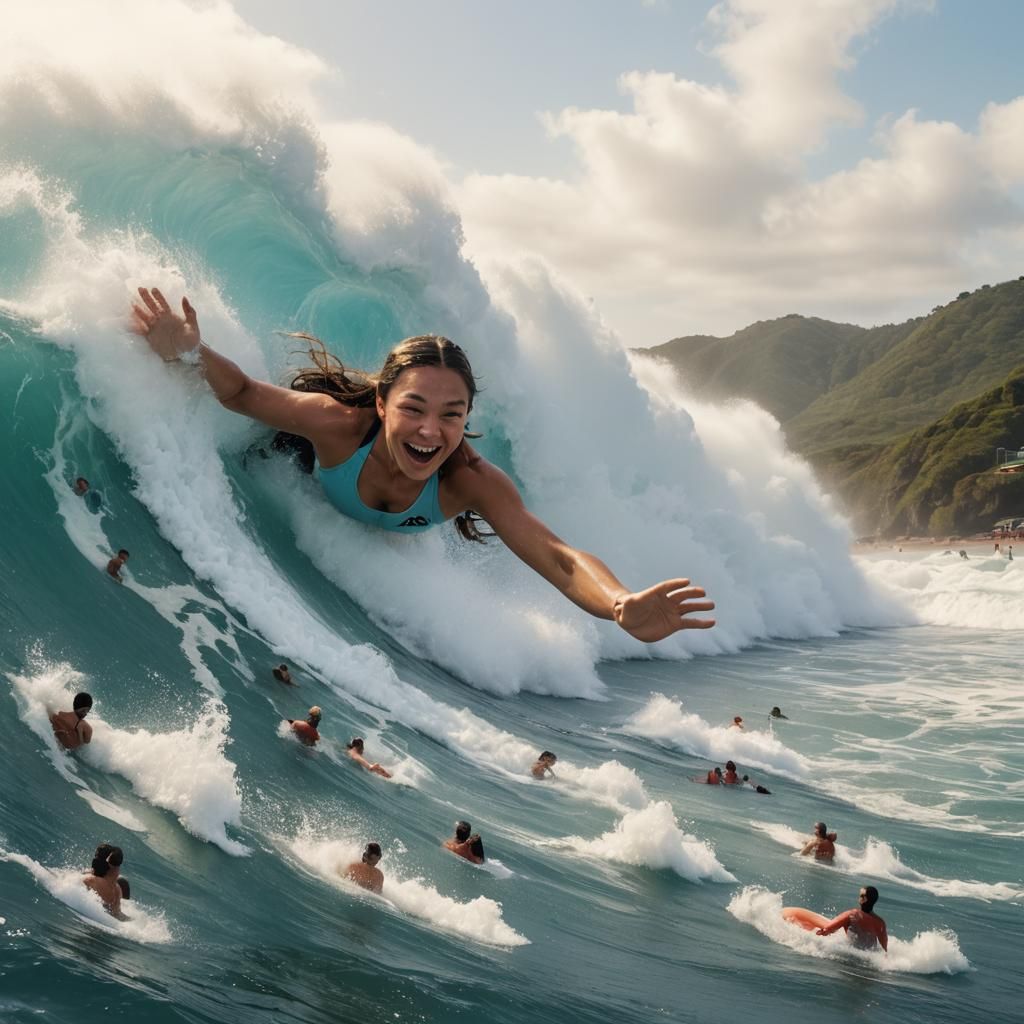 Bodysurfing Wave with Woman in Swimsuit
