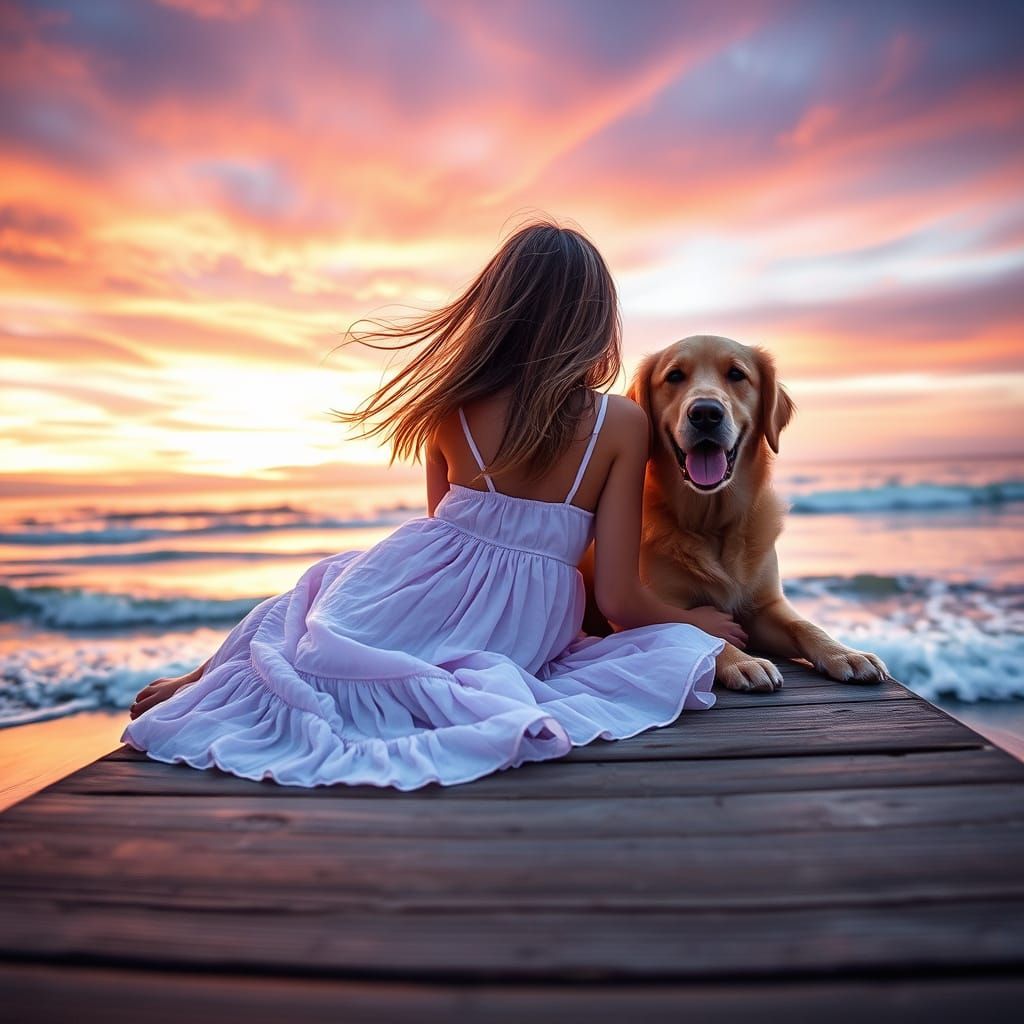 Girl in Serene Beach Scene with Dog and Sunset