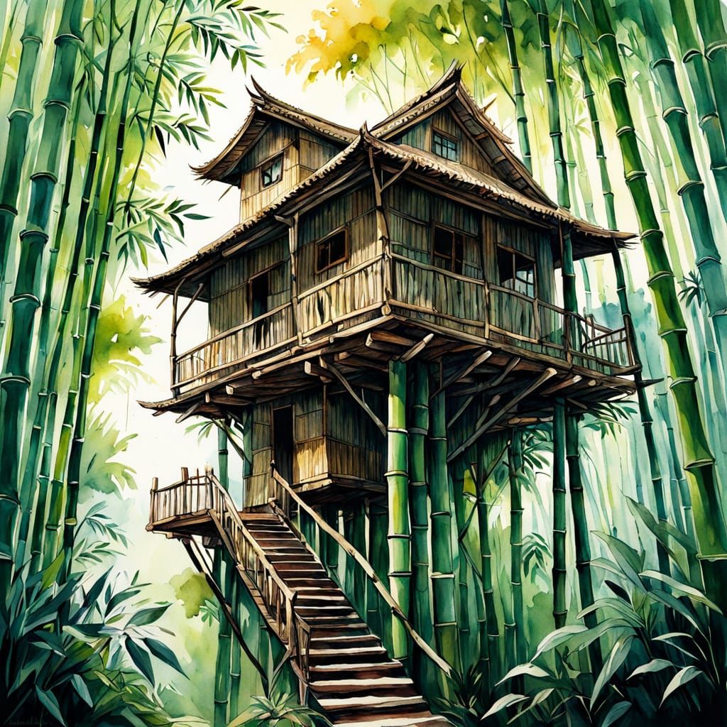a view from below: a very tall tree house made out of bamboo: multiple levels with balconies: bamboo steps and ladders: ...