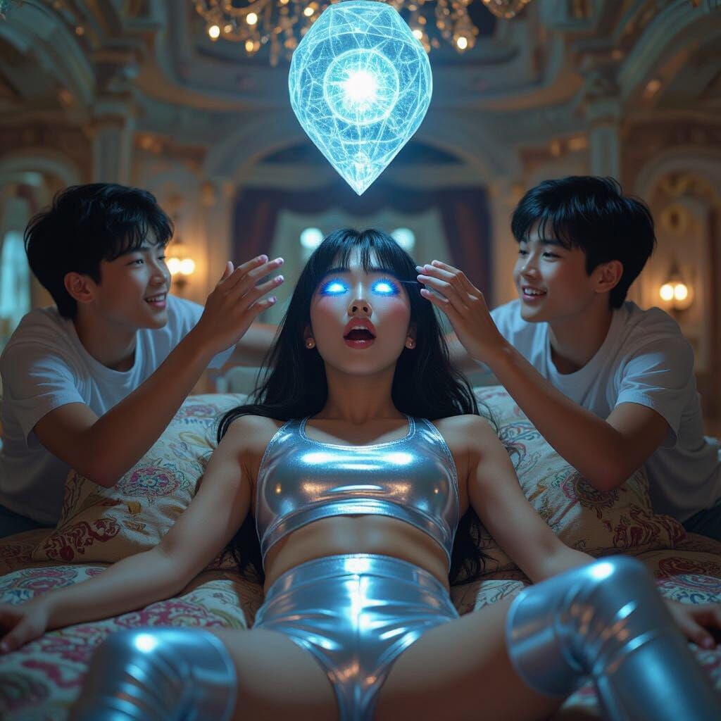 Teen with Glowing Eyes in Lavish Mansion, Hyperrealistic Sty...