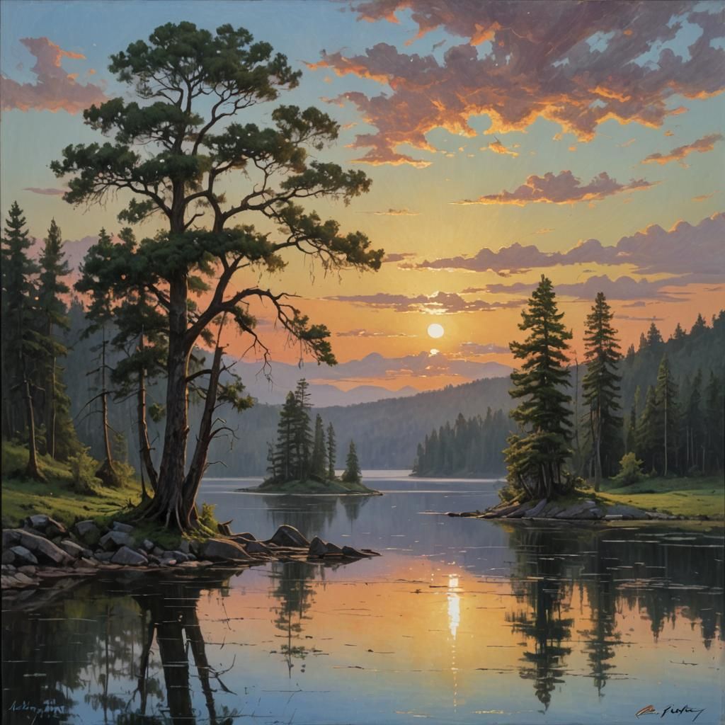 Lake Sunrise Oil Painting in Gurney Style