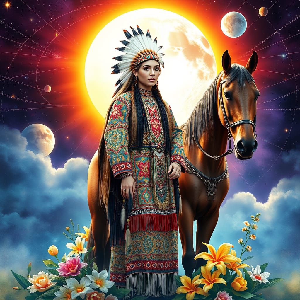 Native American Woman in Watercolor Solar System