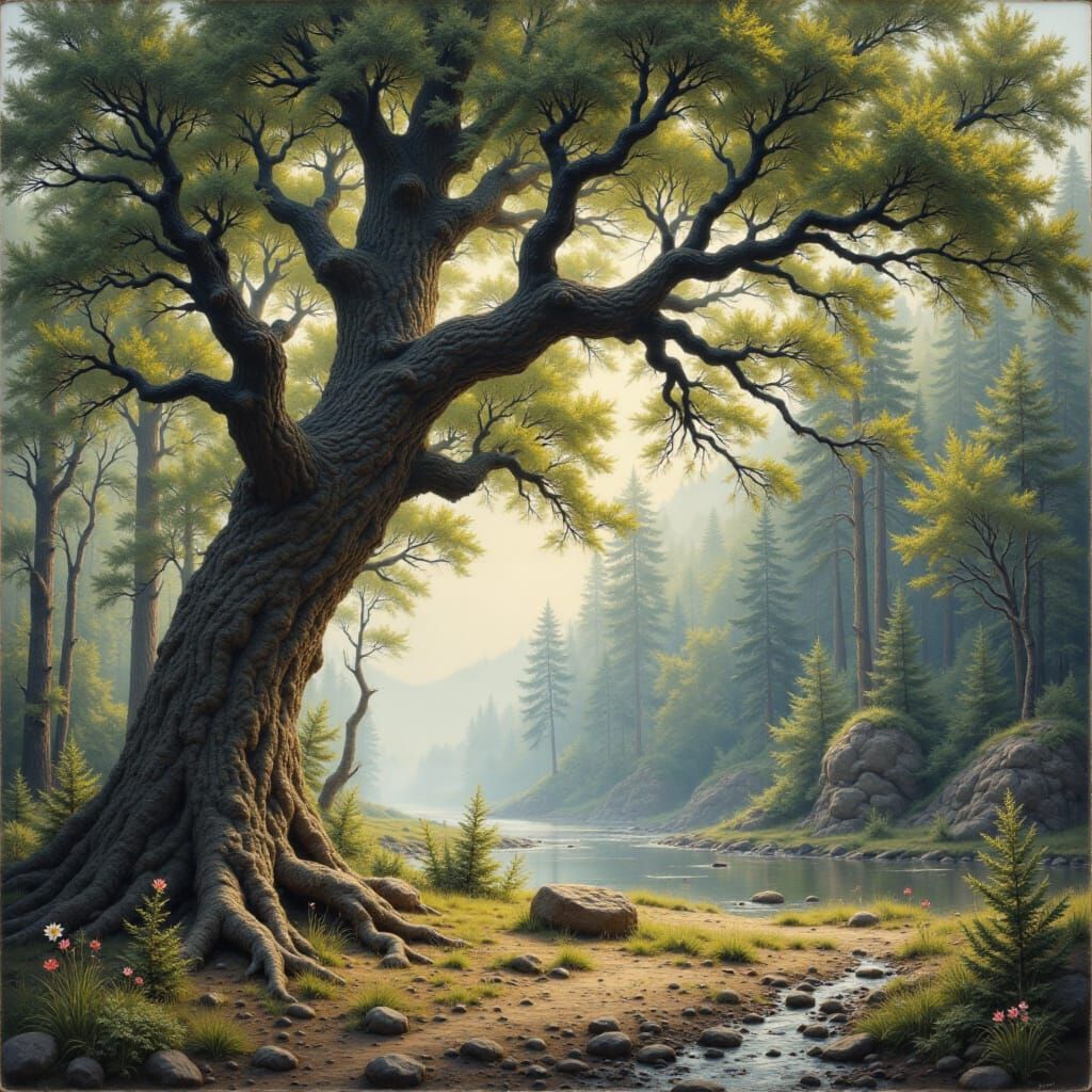 A majestic, ancient tree stands tall in a serene forest clea...
