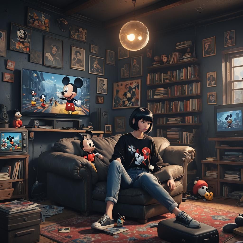 Girl with Mickey Mouse Watching TV, Digital Painting