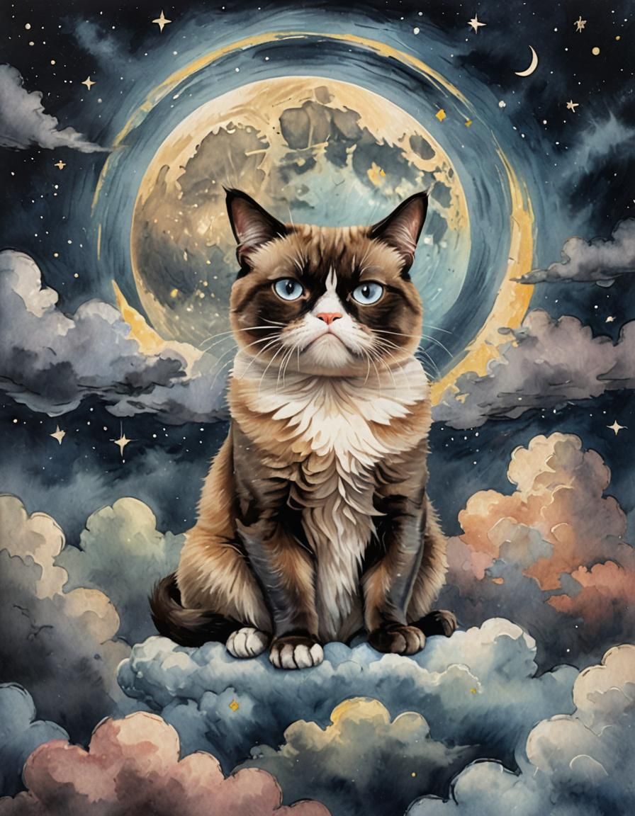 grumpy cat sitting on a cloud