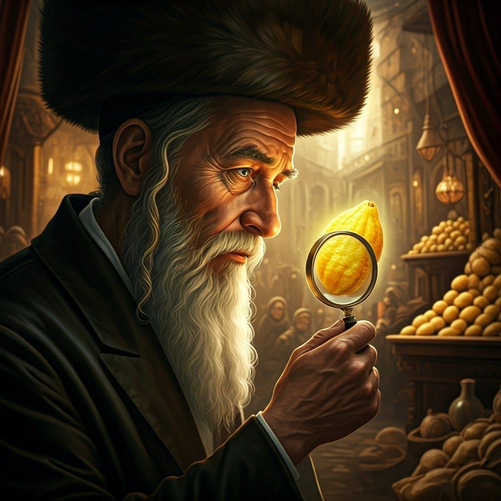Hasidic Jew Inspects Etrog in Fantasy Market