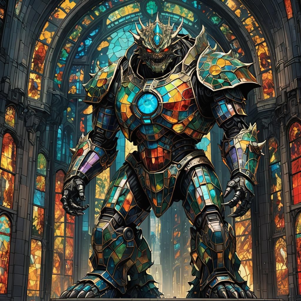 Stained Glass Kaiju Golem Rampage in Cyberpunk City