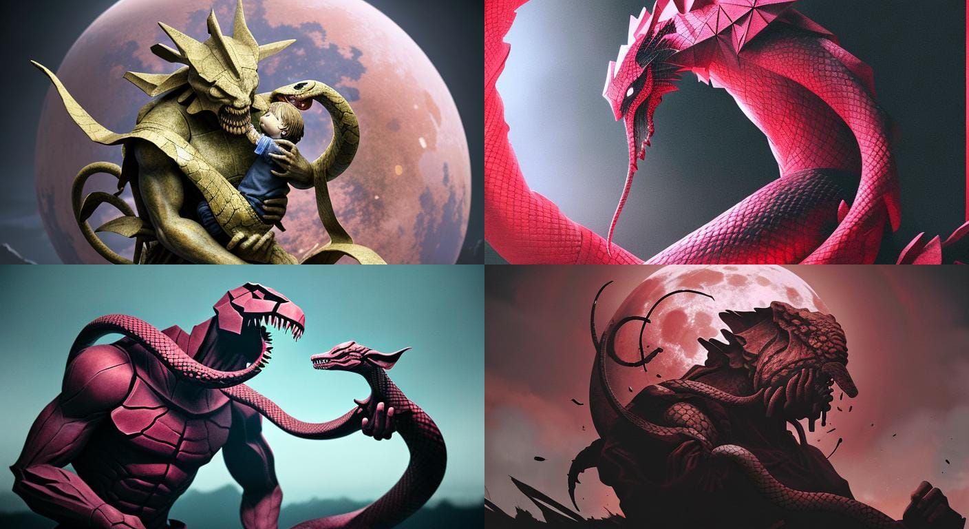 a close up of a statue of a person holding a snake, resident evil virus concept art, saturn devouring his son, pink colo...