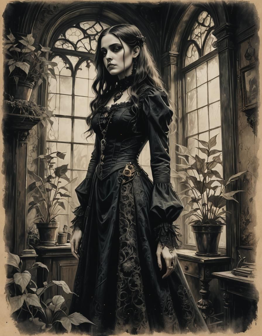 Gothic Steampunk Portrait of Teen Ghost in Dimly Lit House