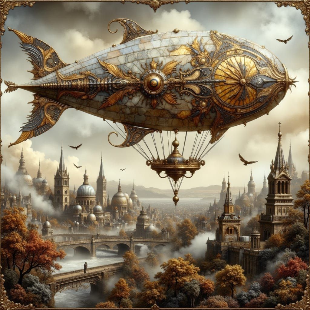 Steampunk Zeppelin Soars Over Industrial Cityscape