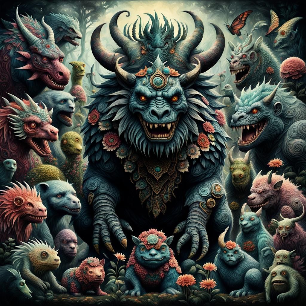 Whimsical Fantasy Monsters in Detailed Collage Art