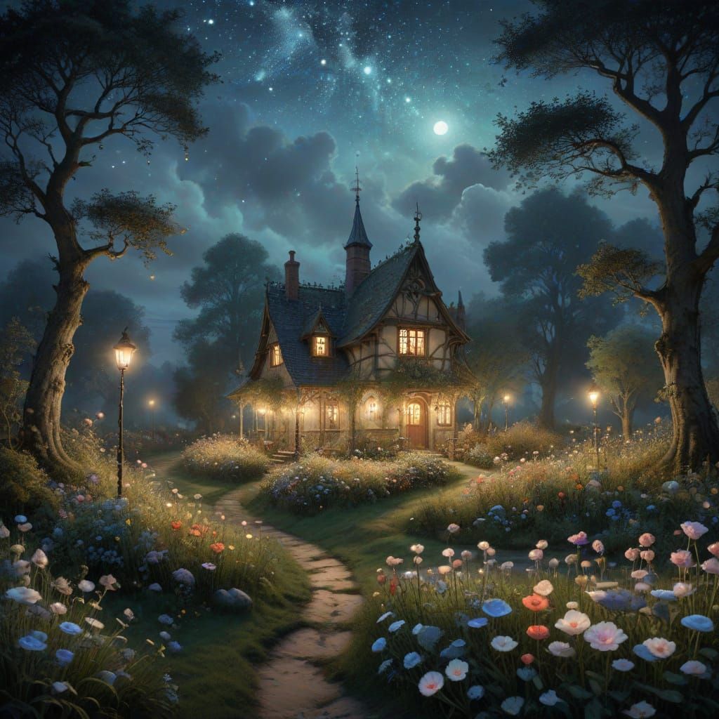 Dreamlike Garden of Blooming Flowers and Ethereal Lights