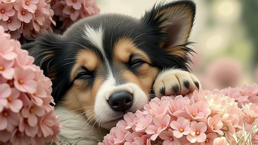 Serene Hyperrealistic Puppy in Idyllic Landscape