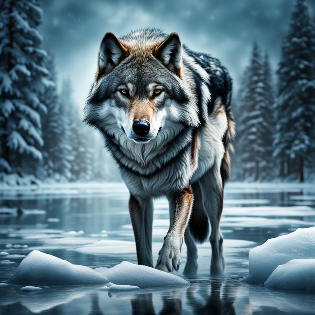 Hyperrealistic Wolf in Frozen Winter Landscape
